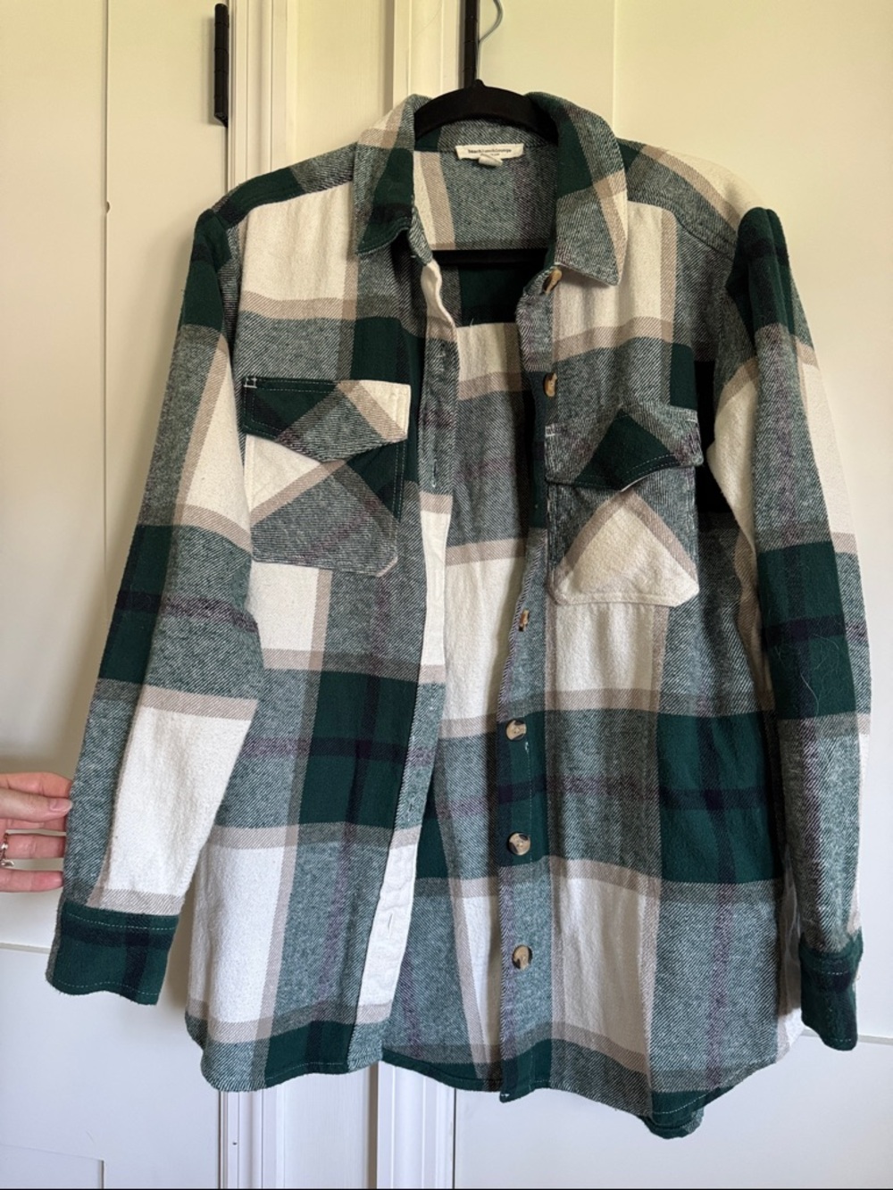 beachlunchlounge Green, White & Tan Plaid Shirt Flannel Jacket Shacket